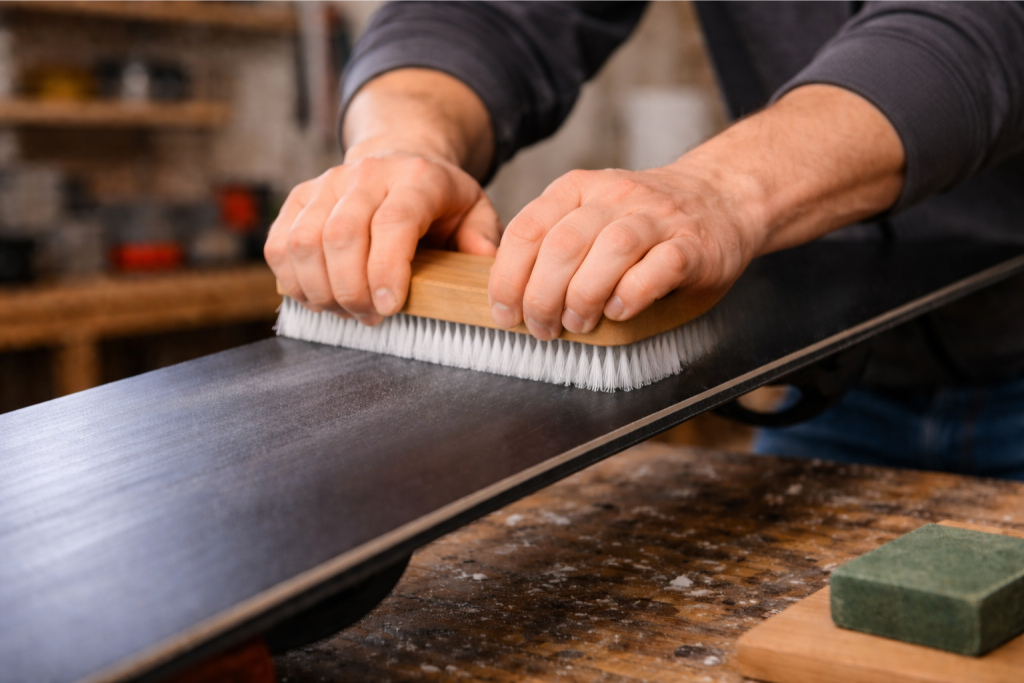 brushing the base of a snowboard with a nylon brush to remove leftover wax and smooth the surface after scraping