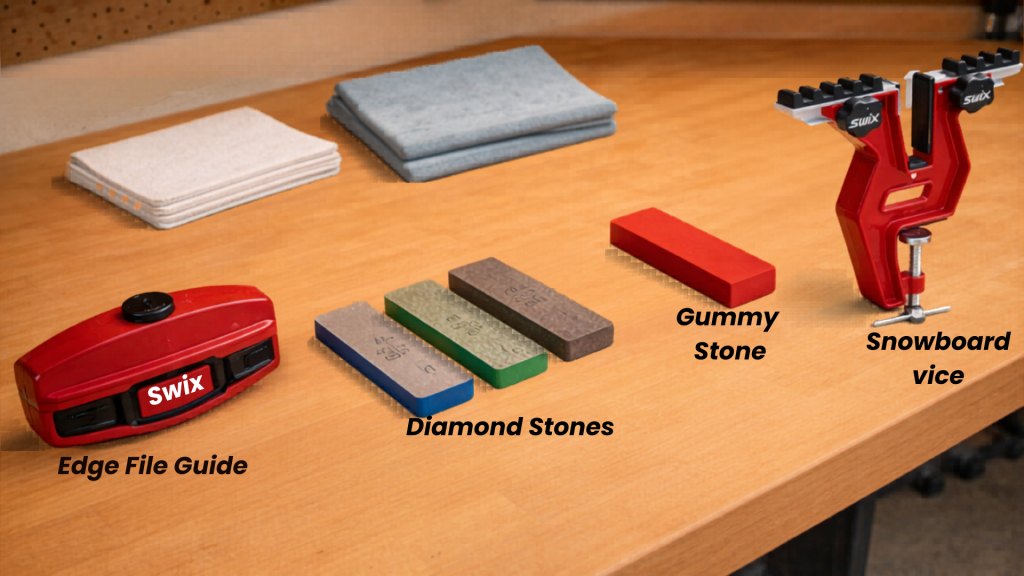 Essential tools for snowboard Edge tuning: Snowboard Vice, Diamond Stones, Edge file guide, Gummy Stone, microfiber cloth
