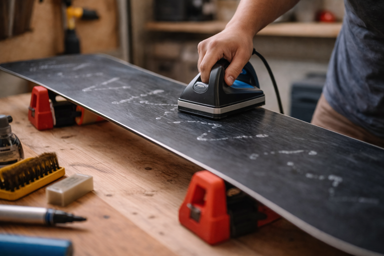 Beginner waxing a snowboard on a workbench with iron and tuning tools
