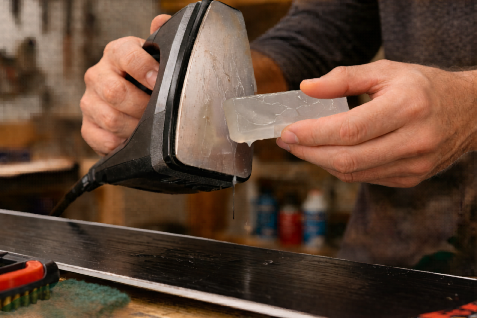 dripping wax onto the snowboard base