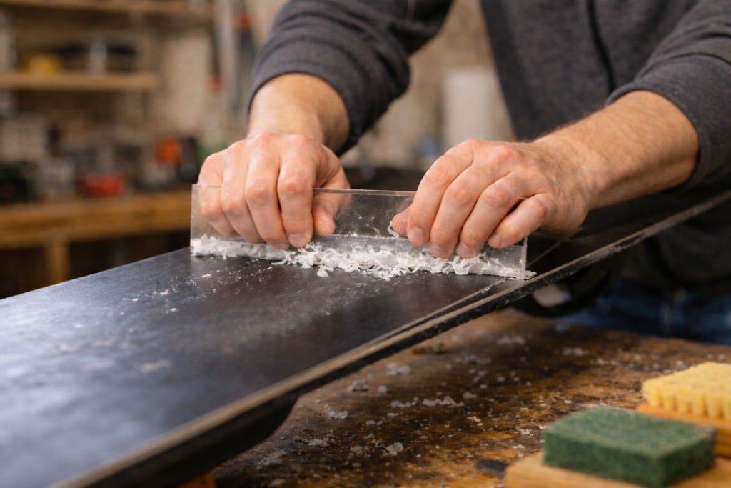 using a plastic scraper to remove excess wax from the base of a snowboard after the wax has cooled