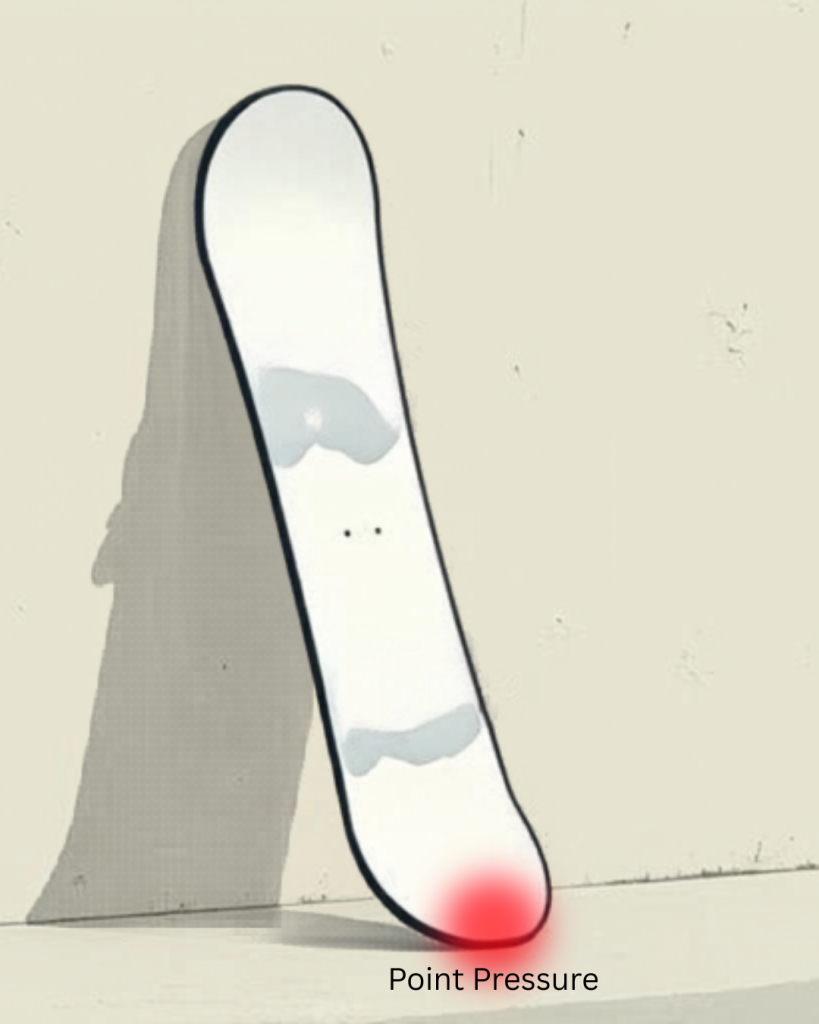 Showing point pressure can be caused by leaning snowboard against a wall vertically