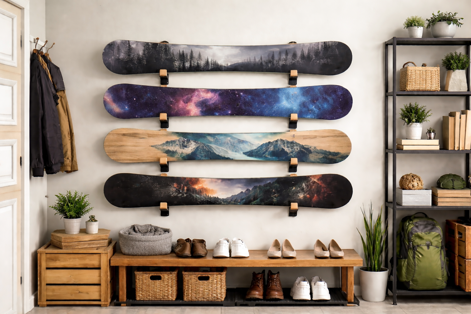 A professionally stored snowboard mounted on a wall to prevent rust and damage during the summer.