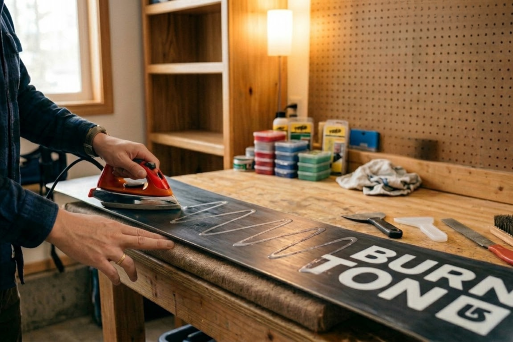 using a waxing iron to spread melted wax evenly across the snowboard base on a workbench during the waxing process