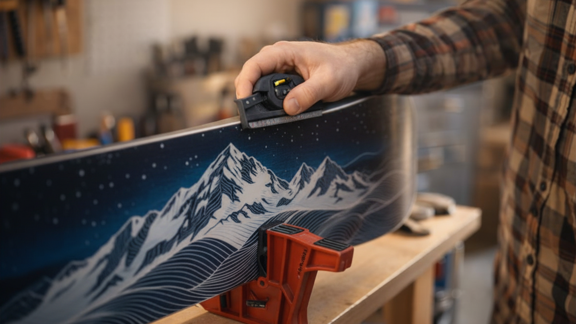 How to edge tune a snowboard: A DIY snowboard tuner demonstrates the proper grip on an edge file guide while the board sits vertically in tuning vices, showing the correct angle for side-edge maintenance
