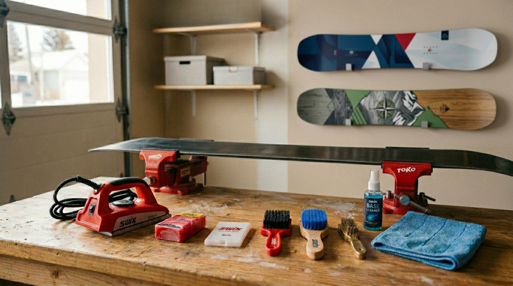 showing all snowboard waxing tools on the workbench: waxing iron, all temp wax, plastic scraper, brushes, face cleaner, microfiber towel, snowboard vices