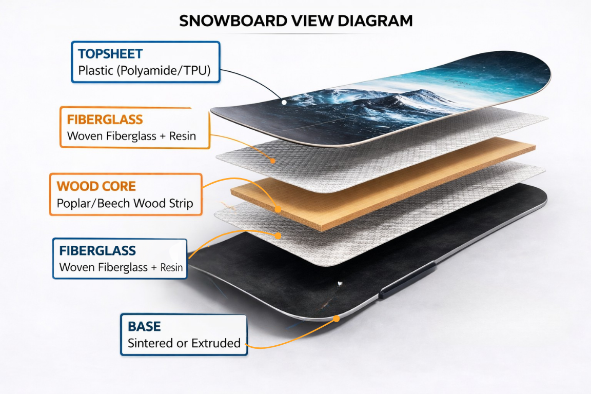 Snowboard construction diagram showing wood core, fiberglass layers, and sintered P-Tex base for summer storage guide