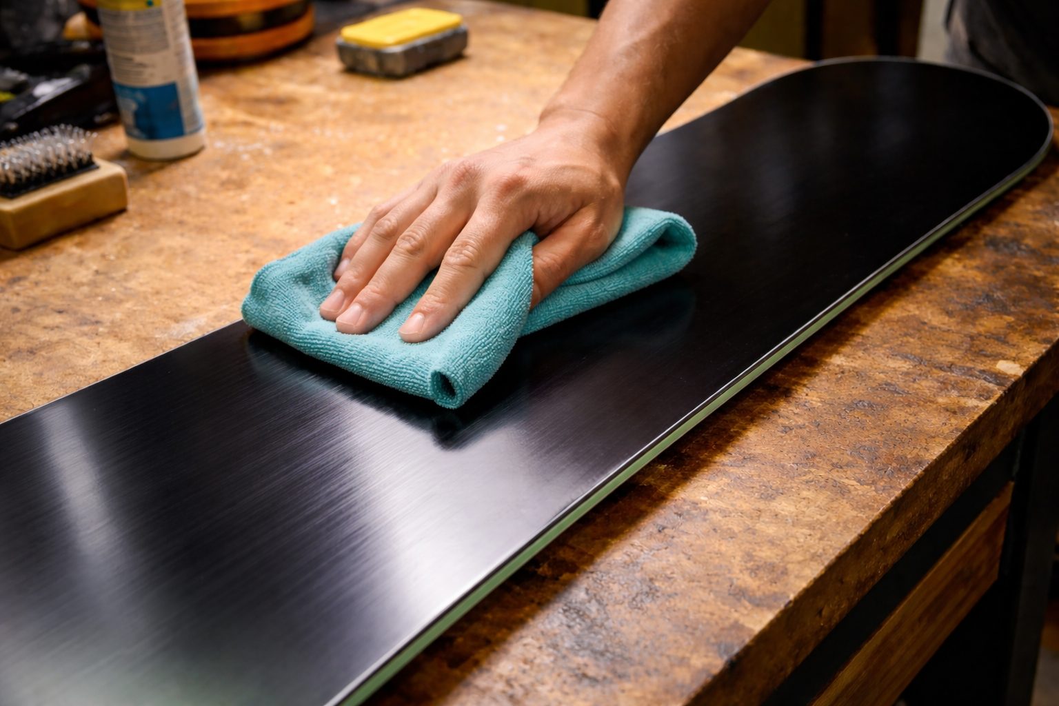 cleaning snowboard with cloth on a workbench
