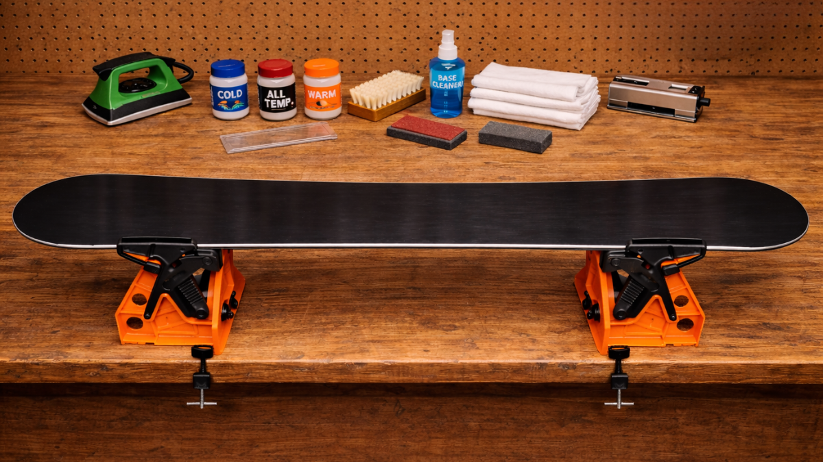 DIY snowboard maintenance at home, including waxing and tuning a board on a workbench