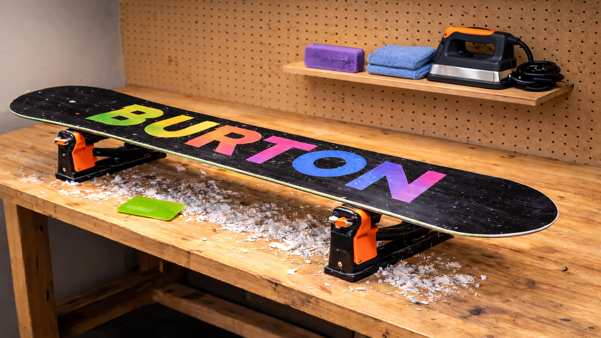A snowboard on a workbench with plastic scrapers and wax shavings during a home maintenance session