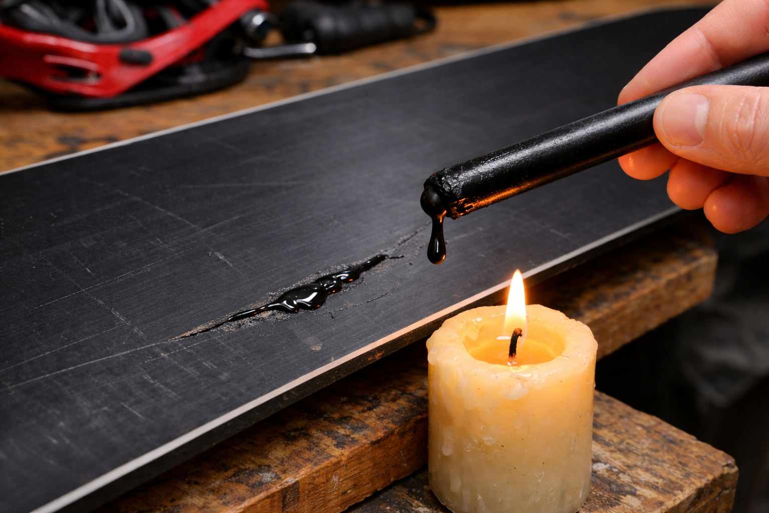 dripping molten P-tex from a repair stick into a gouge on a snowboard base