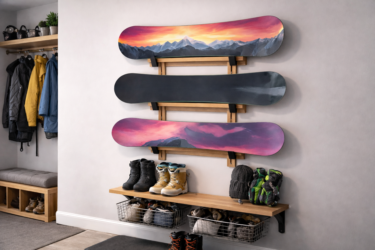 A snowboard stored horizontally in a cool, dry indoor area to prevent rust and warping during the off-season.