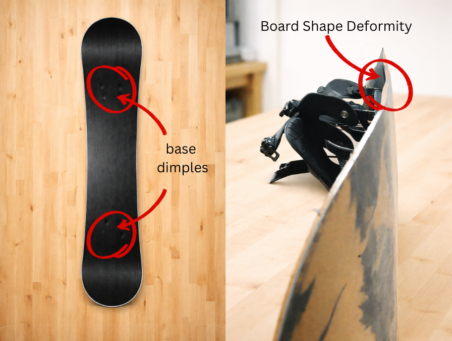 picture showing what happens if you don't remove bindings before storage: base dimple and shape deformity