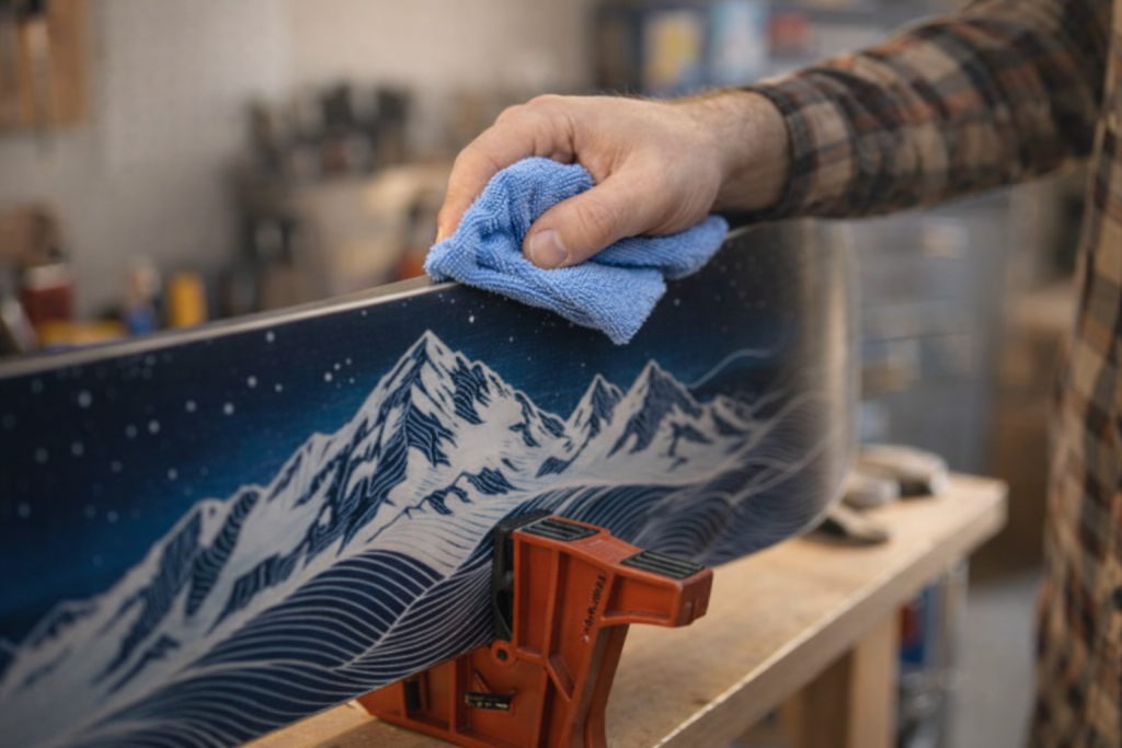 cleaning snowboard edge with microfiber towel