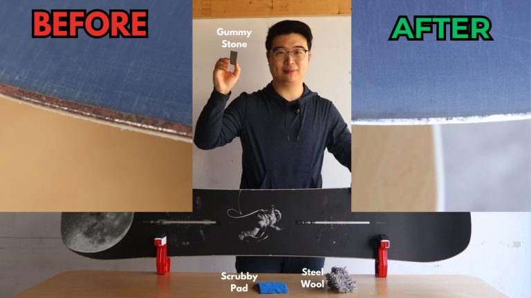 How to remove rust from snowboard edges, before and after, tools: gummy stone, steel wool, scrubby pad