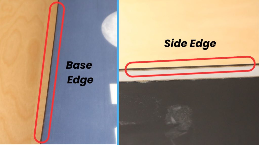 Picture showing snowboard base edge and side edge